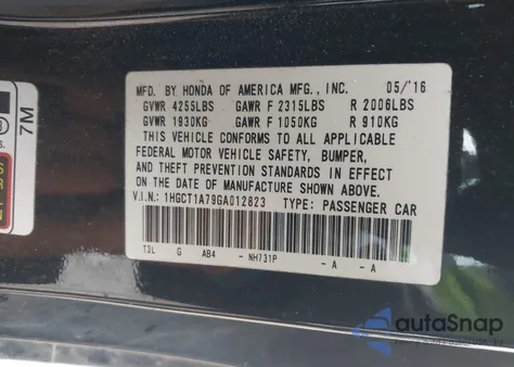 2016 Honda Accord Ex z USA, uszkodzony, nr VIN 1HGCT1A79GA012823